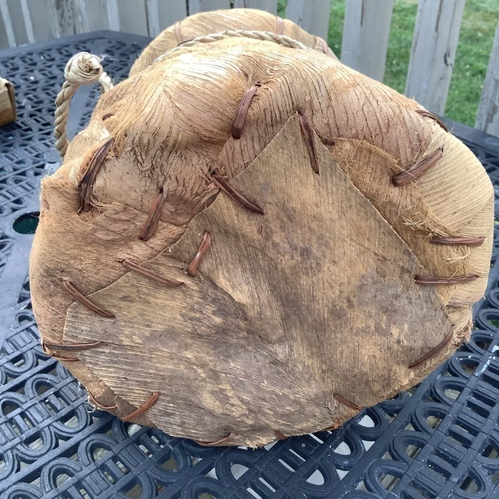Vintage Leather Woven Coconut Palm Fronds  Boho Planter Basket